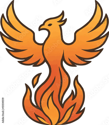 Stylized Phoenix Rising from Flames with Watercolor Texture on Black Background