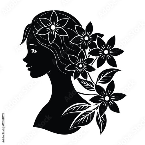 Elegant woman face silhouette with flowing hair transformed into intricate floral patterns, blending beauty and nature in a graceful, artistic hairstyle design.
