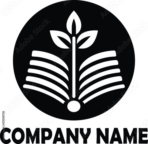 Elegant black and white logo illustrating knowledge growth and learning representing educational institutions and companies
