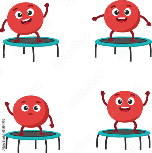 Red ball character jumping and posing on small trampoline in various playful expressions vector illustration 
