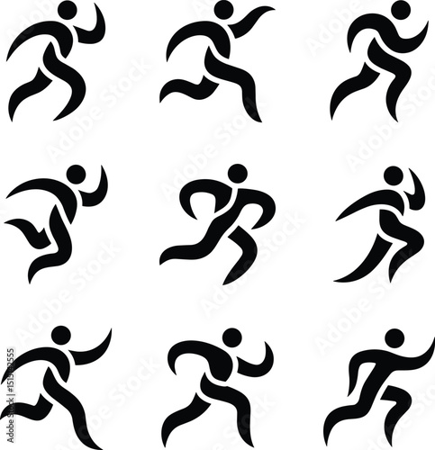 Stylized black and white running man icons depicting movement and dynamic athleticism on white background