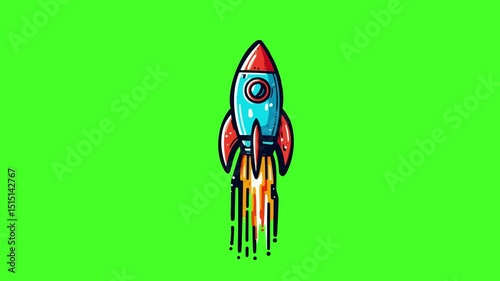 Flying rocket cartoon animation green screen hand drawn looping animation