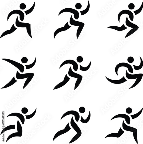 Abstract black silhouettes of runners in various poses representing speed activity and athletic movement