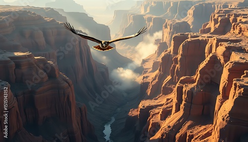 Eagle Flying Over Desert Canyon With Dust Clouds Rising Below photo