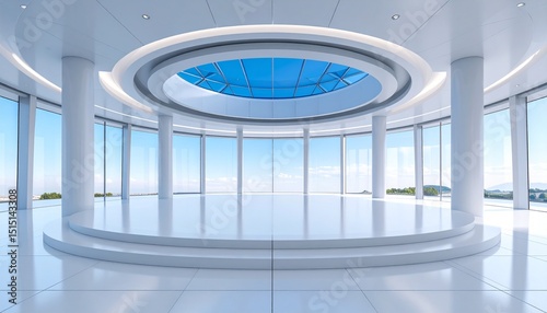 Modern Circular Lobby Design with Panoramic Windows and Skylight.