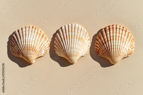 Three seashells arranged in a horizontal row on a beige surface  casting subtle shadows