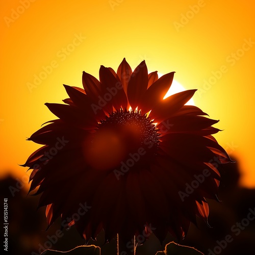 Sunflower Silhouette Against Orange Sunset With Lens Flare photo