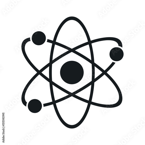 Simple Black and White Atom Icon Representing Science Physics Chemistry and Technology with Orbiting Electrons and Central Nucleus on White Background