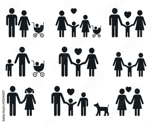 Collection of Black Family Icon Pictograms with Different Structures and Relationships Including Couples Children Babies and Pets on a White Background