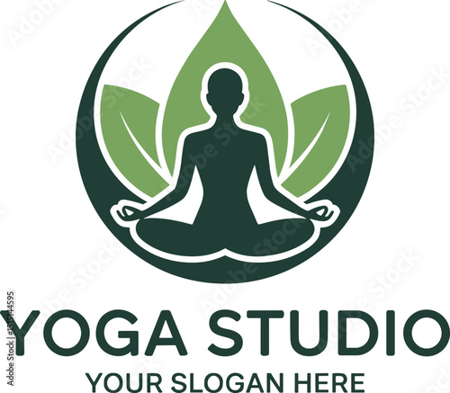 Modern yoga studio logo featuring silhouette meditating inside circular design with leaf elements