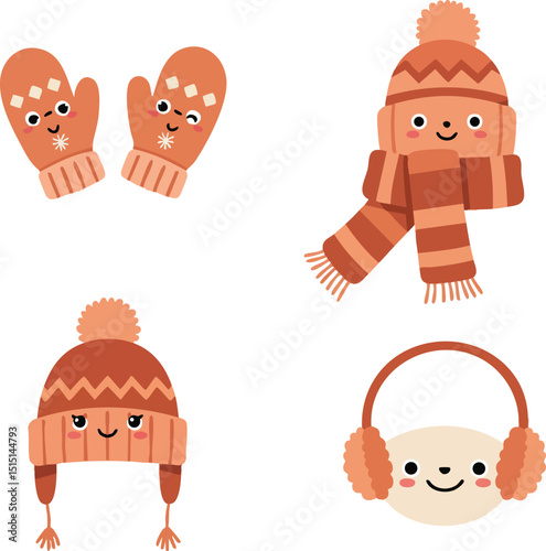 Winter accessories vector set with mittens hat scarf and earmuffs in warm orange tones 