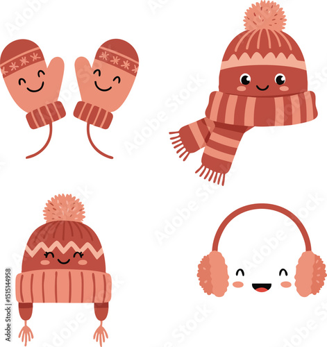 Winter accessories collection with red mittens hats and earmuffs vector illustration for cold weather outfits and seasonal fashion 