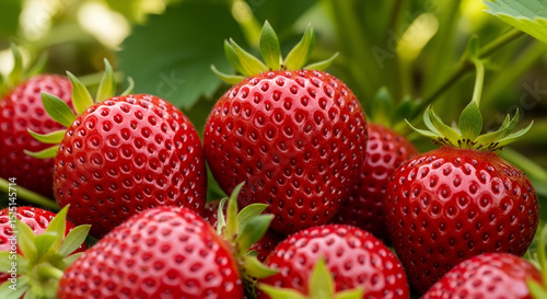 Fresh ripe strawberries clustered on natural green foliage. Vibrant red berries showcase natural sweetness in garden setting. Concept: Organic farming, Fresh produce, Health food store