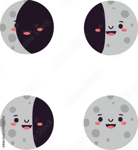 Cute smiling moon phases with facial expressions in simple vector style illustration 