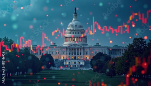 Capitol Building under a red economic graph, reflecting financial market volatility concept