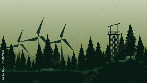 vector illustration of an abstract landscape with trees and windmill good for for wallpaper design, design template, background template, and tourism design template