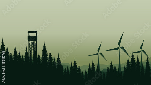 vector illustration of an abstract landscape with trees and windmill good for for wallpaper design, design template, background template, and tourism design template