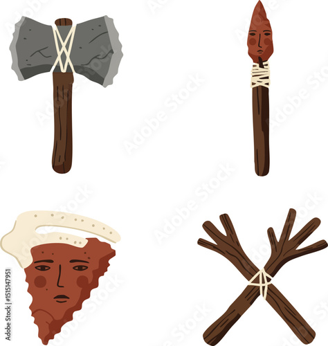 Primitive Stone Age Tools and Weaponry Set with Wooden Handles and Spear Illustration Vector Design 