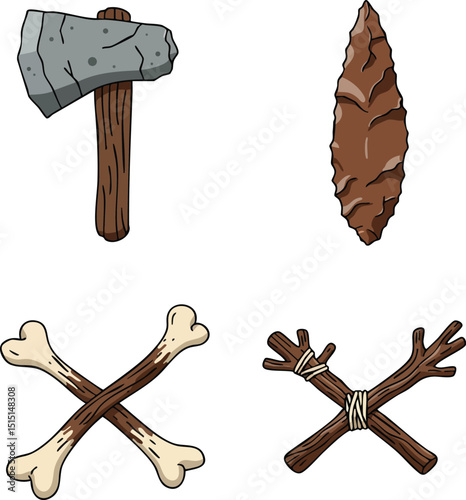 Stone age tools and weapons including axe, arrowhead, crossed bones, and wooden sticks vector illustration 