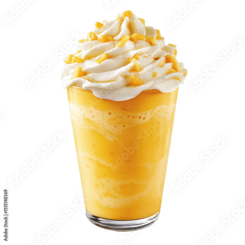 Delicious mango-flavored smoothie topped with whipped cream and mango pieces served in a clear glass