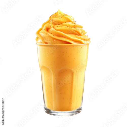 Creamy mango smoothie in a clear glass with a swirl of whipped topping and a sprinkle of spice on top
