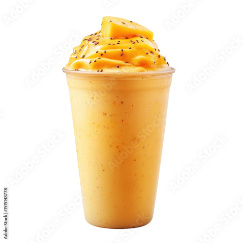 Refreshing mango smoothie topped with fruit pieces and seeds in a clear cup