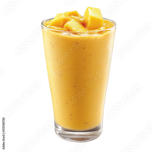 Refreshing mango smoothie topped with fresh mango pieces in a clear glass