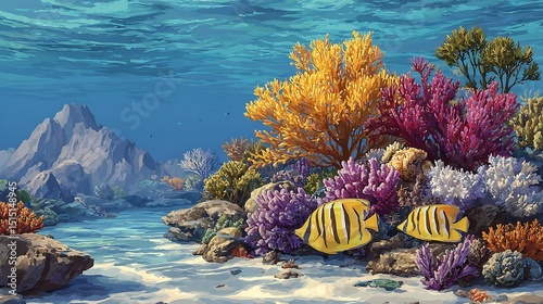 Underwater Paradise: Vibrant Coral Reef and Majestic Mountain