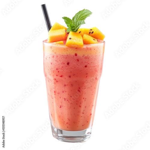 Refreshing fruit smoothie with mango and mint served in a tall glass on a sunny day