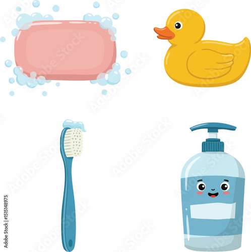 Soap bar with bubbles toothbrush rubber duck and liquid soap dispenser vector illustration for hygiene and bath time 