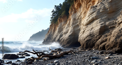Dramatic phosphate-rich cliff face showing geological layers. Natural rock formation with distinct mineral striations. Concept: geology education, mining industry, earth sciences