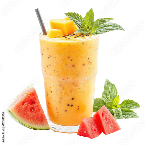 Refreshing fruit smoothie made with mango and watermelon served in a tall glass with mint garnish