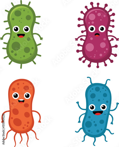 Cute cartoon bacteria characters in green purple red and blue colors with expressive faces vector illustration 