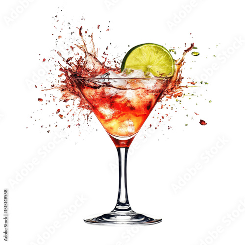 Vibrant cocktail with lime garnish splashing in a glass captured in high detail
