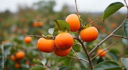 Fresh ripe persimmons hang on tree branch with green leaves. Beautiful orange fruits ready for harvest. Holiday concept: autumn festivals, thanksgiving decor. Concept: organic farming, fresh produce m