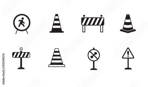 Black and white construction site safety icons featuring road signs and barricades