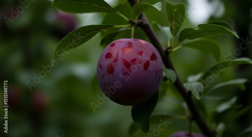 Ripe plum hangs naturally on tree branch. Fresh purple fruit displays perfect ripeness against natural backdrop. Garden harvest scene. Concept: Organic farming, Fresh produce. Holiday Harvest festival