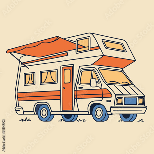 Vintage camper van with awning on grass in a light background  