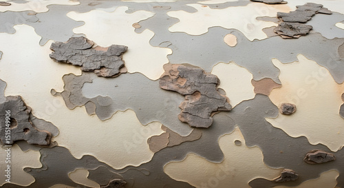 Sycamore bark displays intricate natural pattern. Tree surface reveals detailed texture and organic shapes. Forest detail study. Concept: Natural design, Botanical art