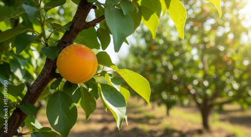 Fresh ripe apricot growing on tree branch with green leaves. Natural organic fruit in summer garden setting. Sweet seasonal produce concept: farmers market, organic food, fruit farm