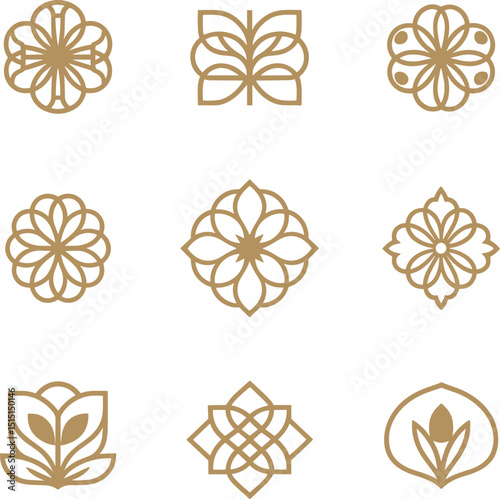 Elegant collection of nine decorative floral and botanical logo elements in a minimalist style