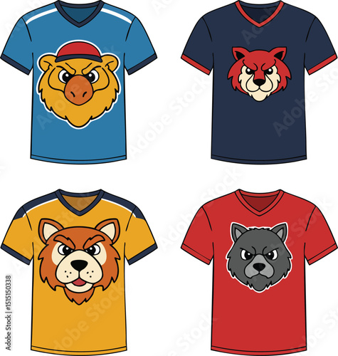 Animal mascot logos on colorful sports jerseys vector illustration set with bear wolf fox and raccoon heads