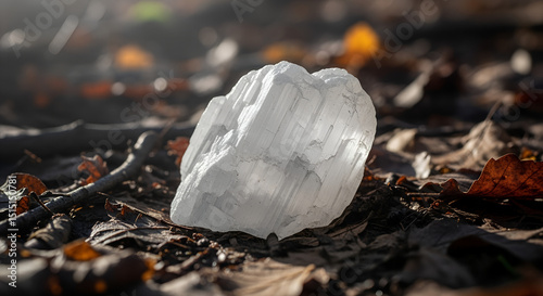 Pure white gypsum crystal formation displays natural geometric patterns. Mineral specimen shows translucent crystalline structure. Concept: Geology education, mineral collection