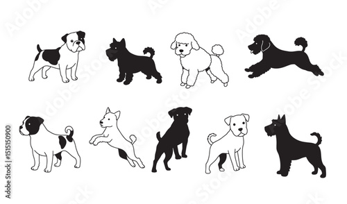 Collection of cartoon dog breeds illustrated in black and white simple vector design