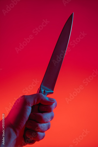 Sharp knife gripped tightly, creating dramatic tension against vivid red background highlighting potential threat
