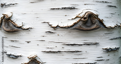 Silvery white birch bark texture shows delicate natural patterns. Peeling layers create ethereal abstract design. Concept: Nordic design, botanical art, nature photography