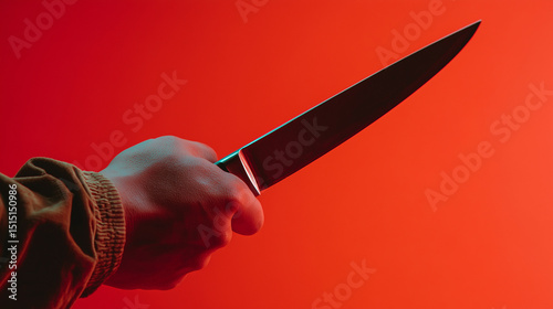 Hand gripping sharp knife, threatening pose against vivid red backdrop, conveying potential violence and menace