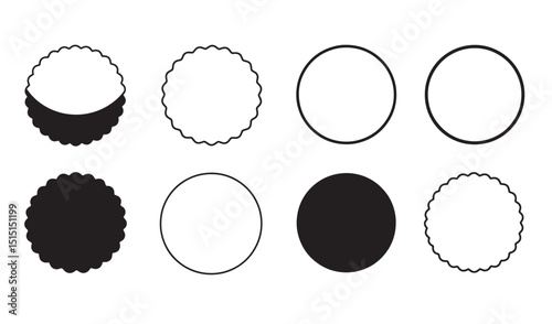 Collection of geometric circle shapes and scalloped edge design elements in black and white