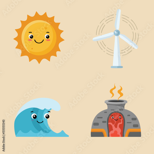 Cute sun wave wind turbine and furnace energy source icons in cheerful vector illustration 