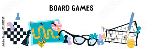 Board game. Advertising banner for board games and leisure with friends, vector banner design isolated on white. Table games for kids and adults.
